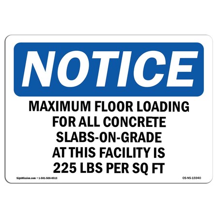 Signmission OSHA Sign, 12" H, Rigid Plastic, NOTICE Maximum Floor Loading For All Concrete Sign, Landscape OS-NS-P-1218-L-15940